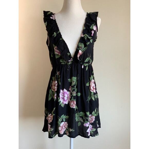 Blue Life Floral Ruffled Mini Dress Black Deep V Low Back XS Black Whimsigoth - Picture 1 of 8